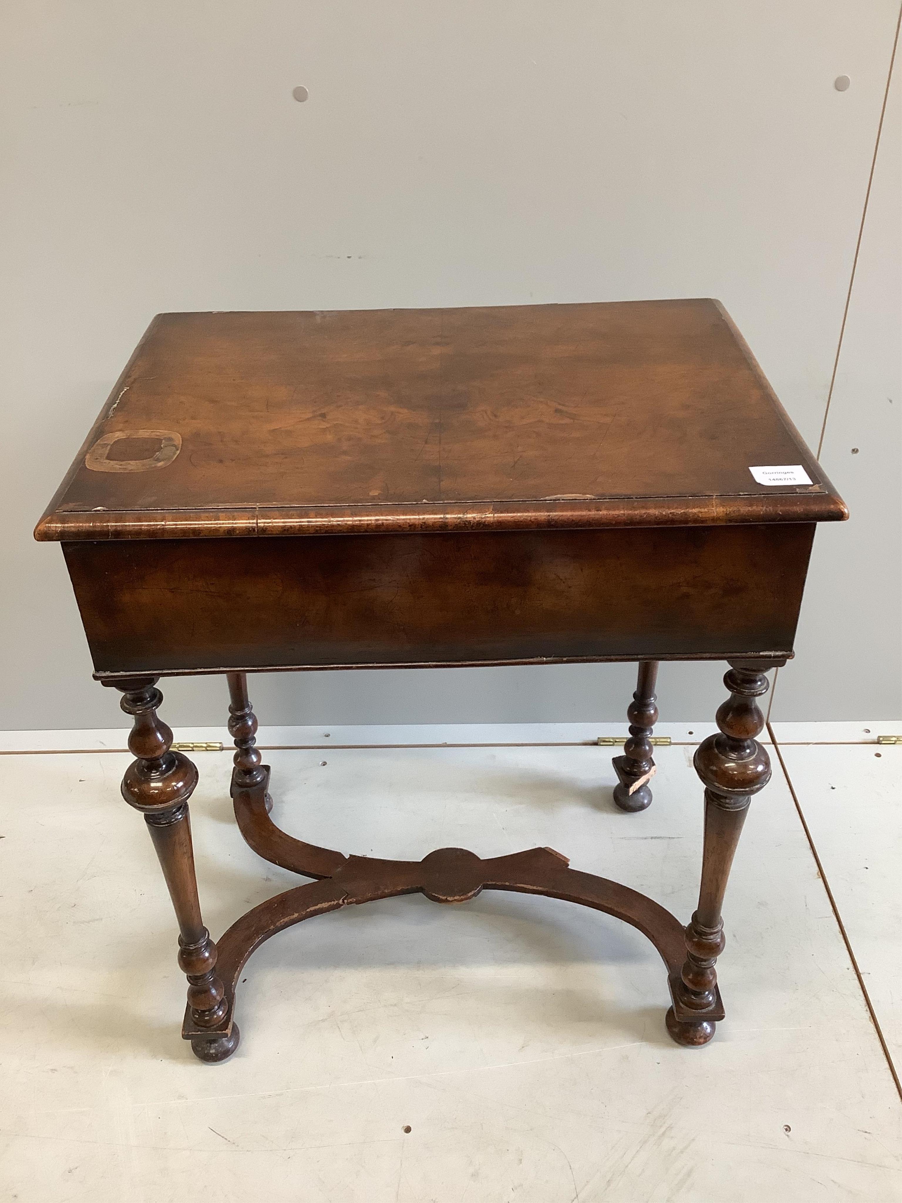 A Queen Anne Revival walnut hinged top work table, width 61cm, depth 44cm, height 70cm. Condition - fair